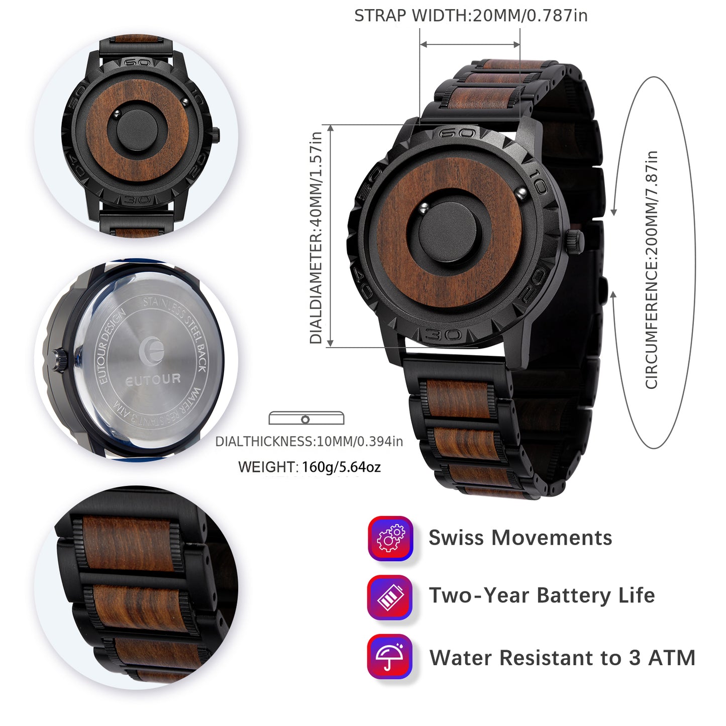 EUTOUR Los mejores relojes magnéticos de madera E031