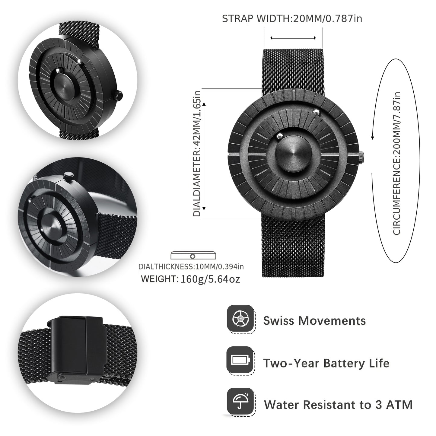 EUTOUR Relojes de hombre con imán negro E038 con correa de malla metálica