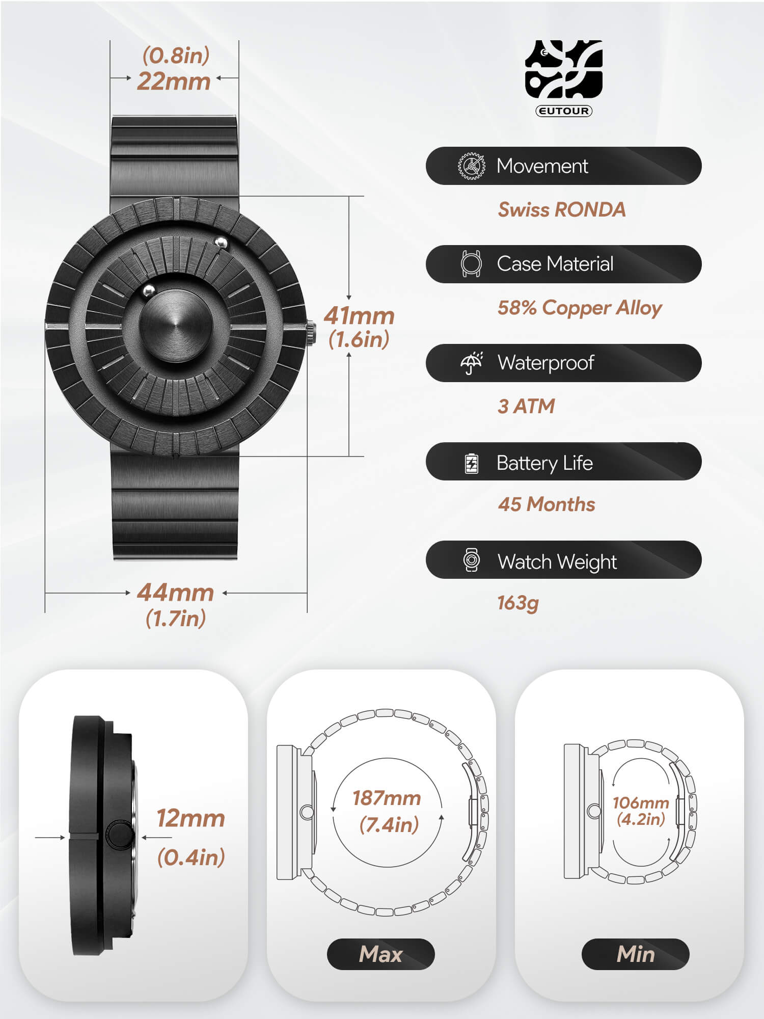 44mm Mens Magnetic Watch with Mesh Watch Band|EUTOUR