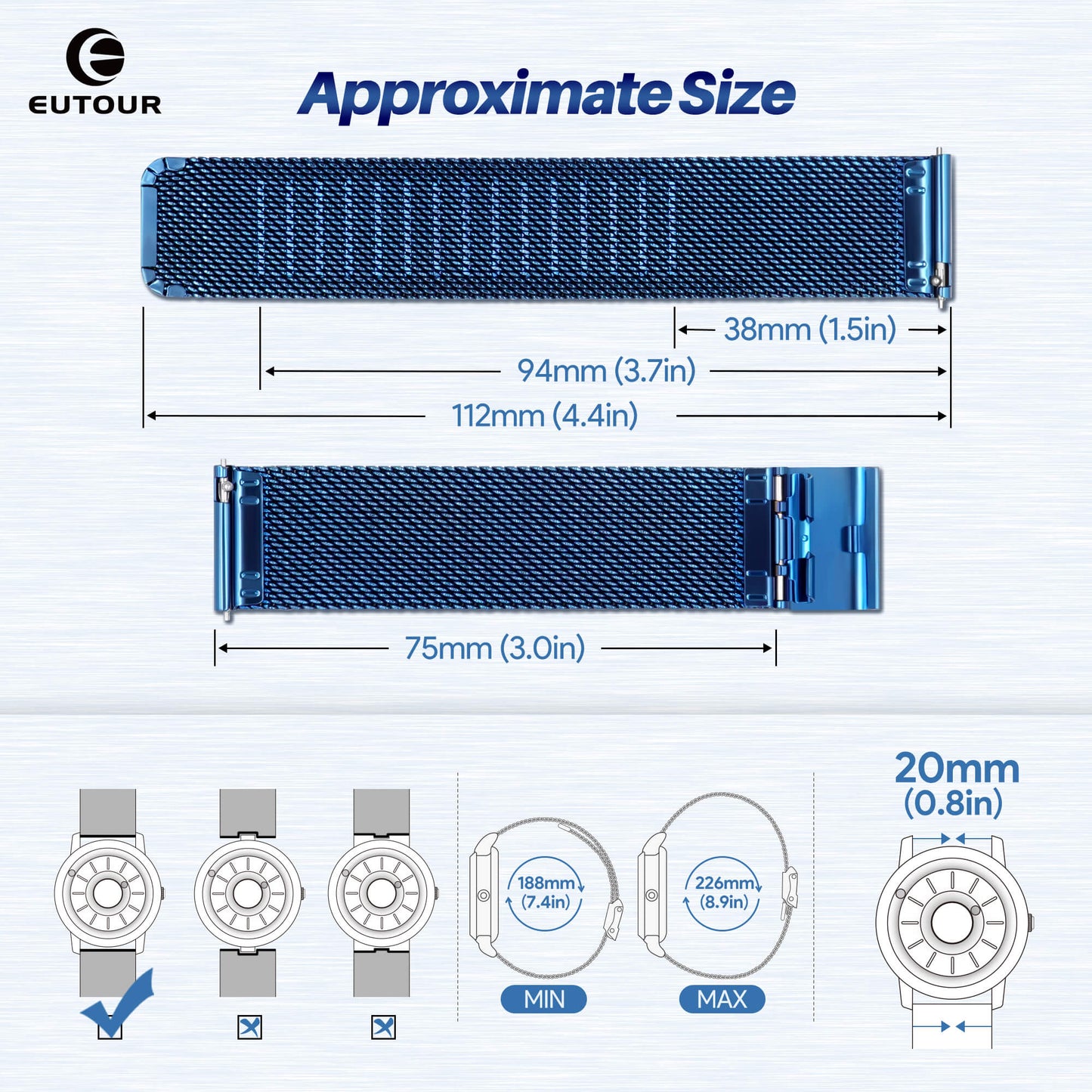 EUTOUR Quick Release 20mm Mesh Watch Band