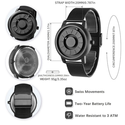 EUTOUR Unisex Black Magnet Watches For Men/Women E017